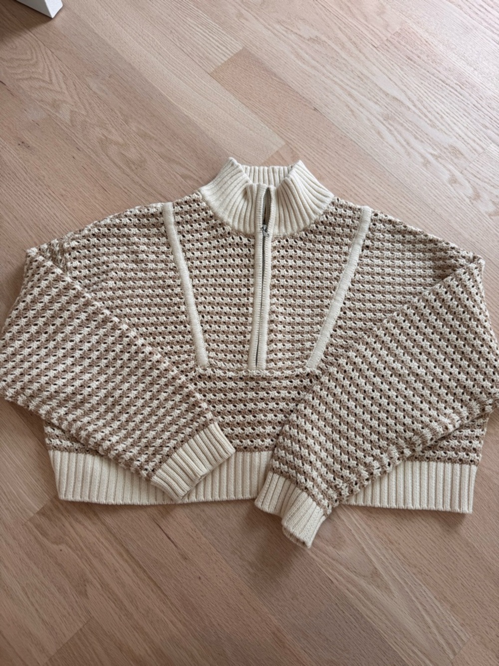 Staud Cream and Beige Half-Zip Knit crop Sweater